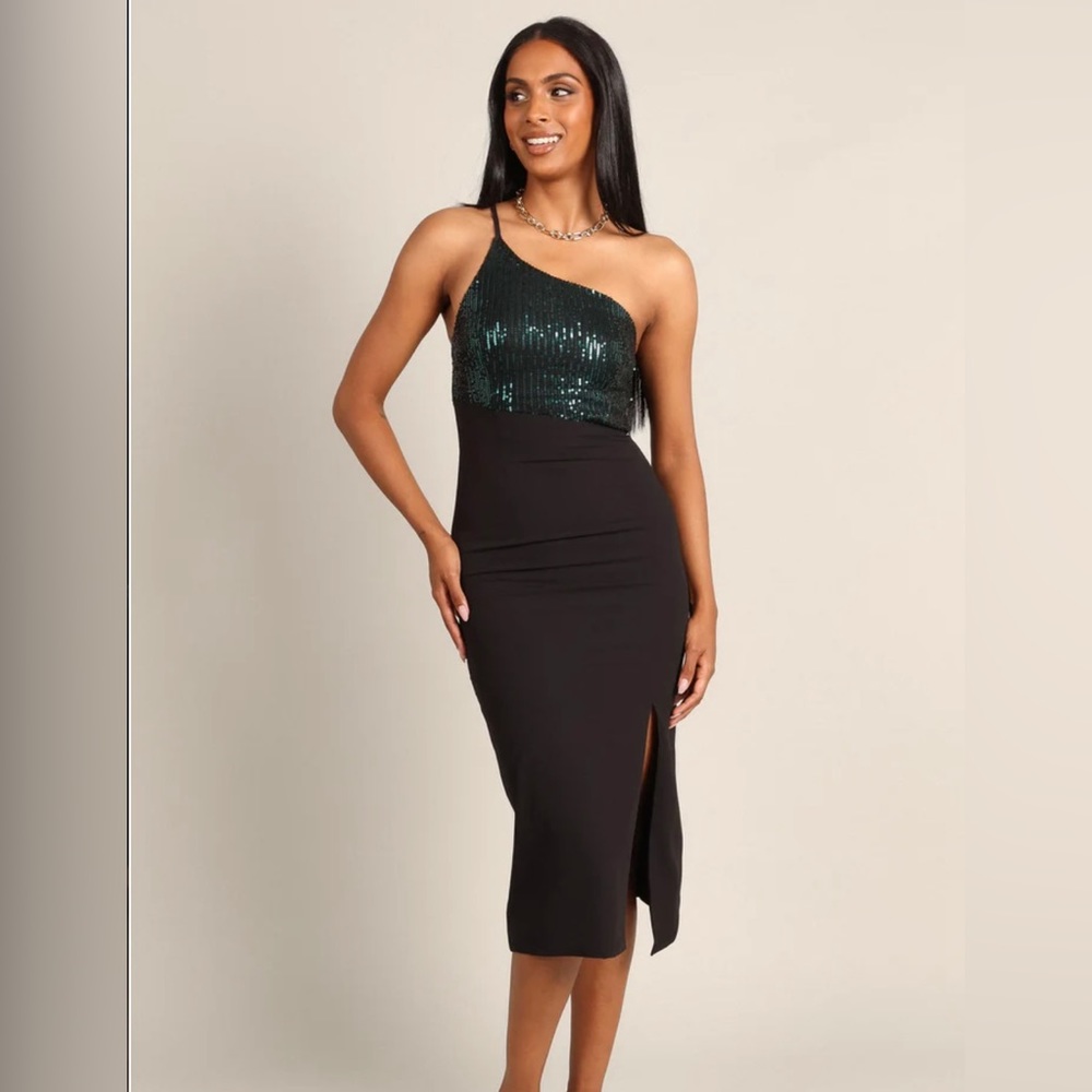 Petal and Pup Xayne One Shoulder Sequin Midi Dress - Black/Emerald/Size 0